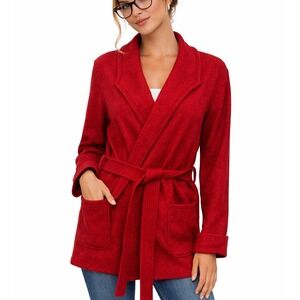 100% Wool Women's Red Wrap Belted Cardigan Sweater Size (Small Hole in Front)